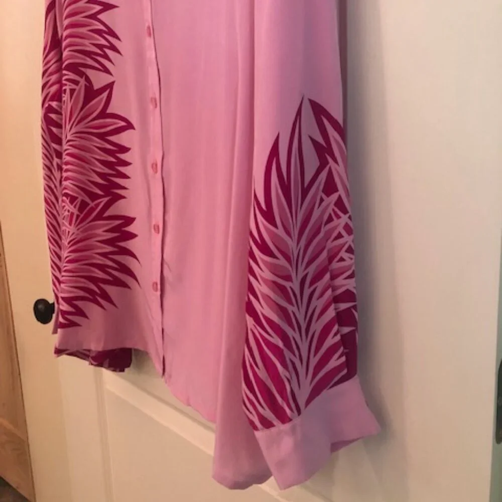 NWT Vintage Bob Mackie 100% Silk Wearable Art Pink Palms Blouse Shirt Size XL - Picture 9 of 12